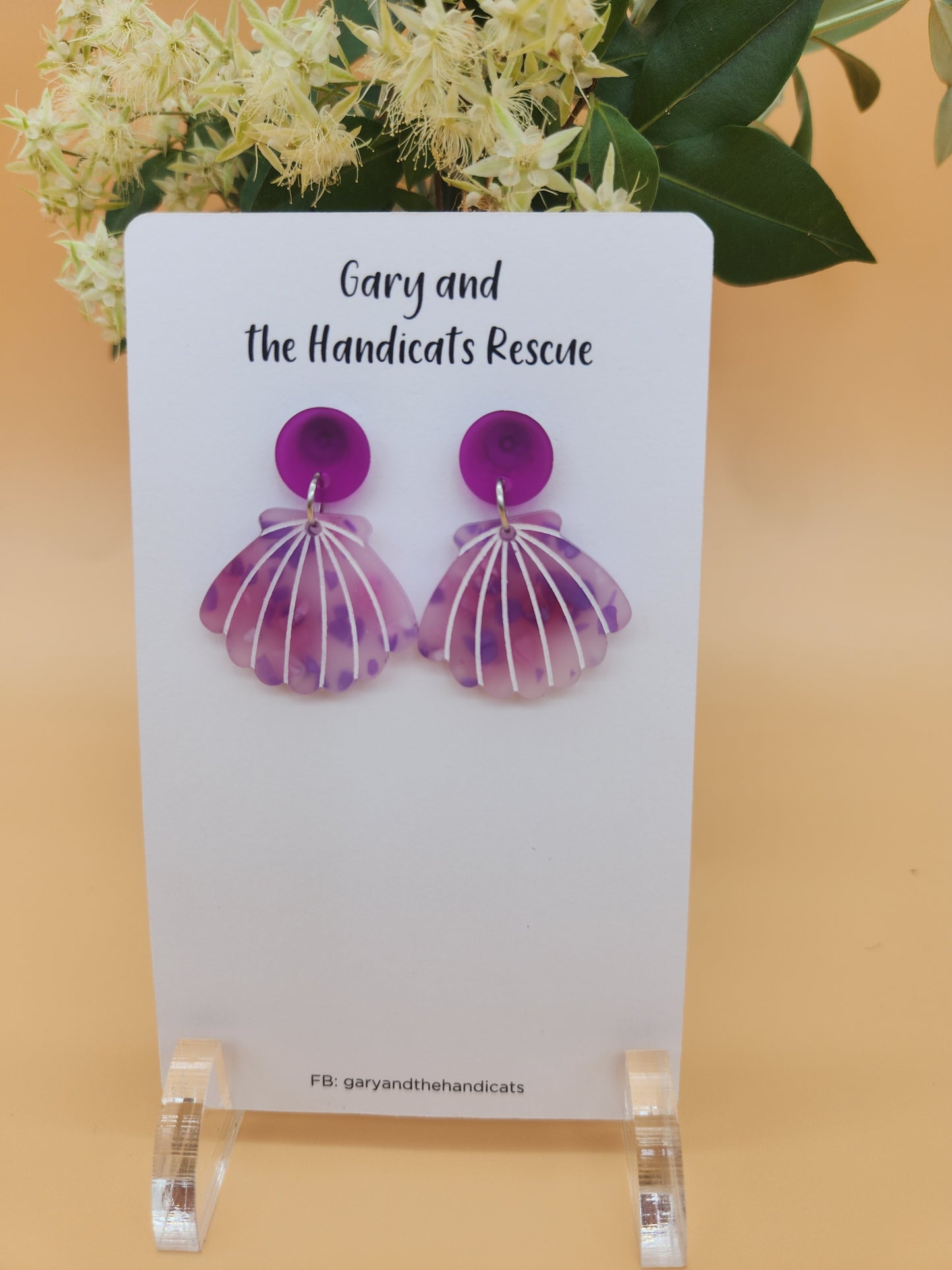 Acrylic shell dangle stud earrings purple and white