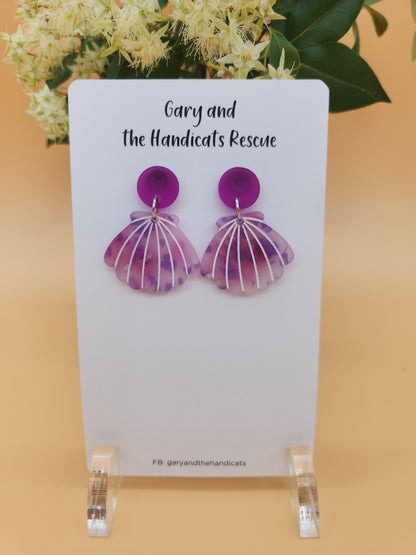 Acrylic shell dangle stud earrings purple and white