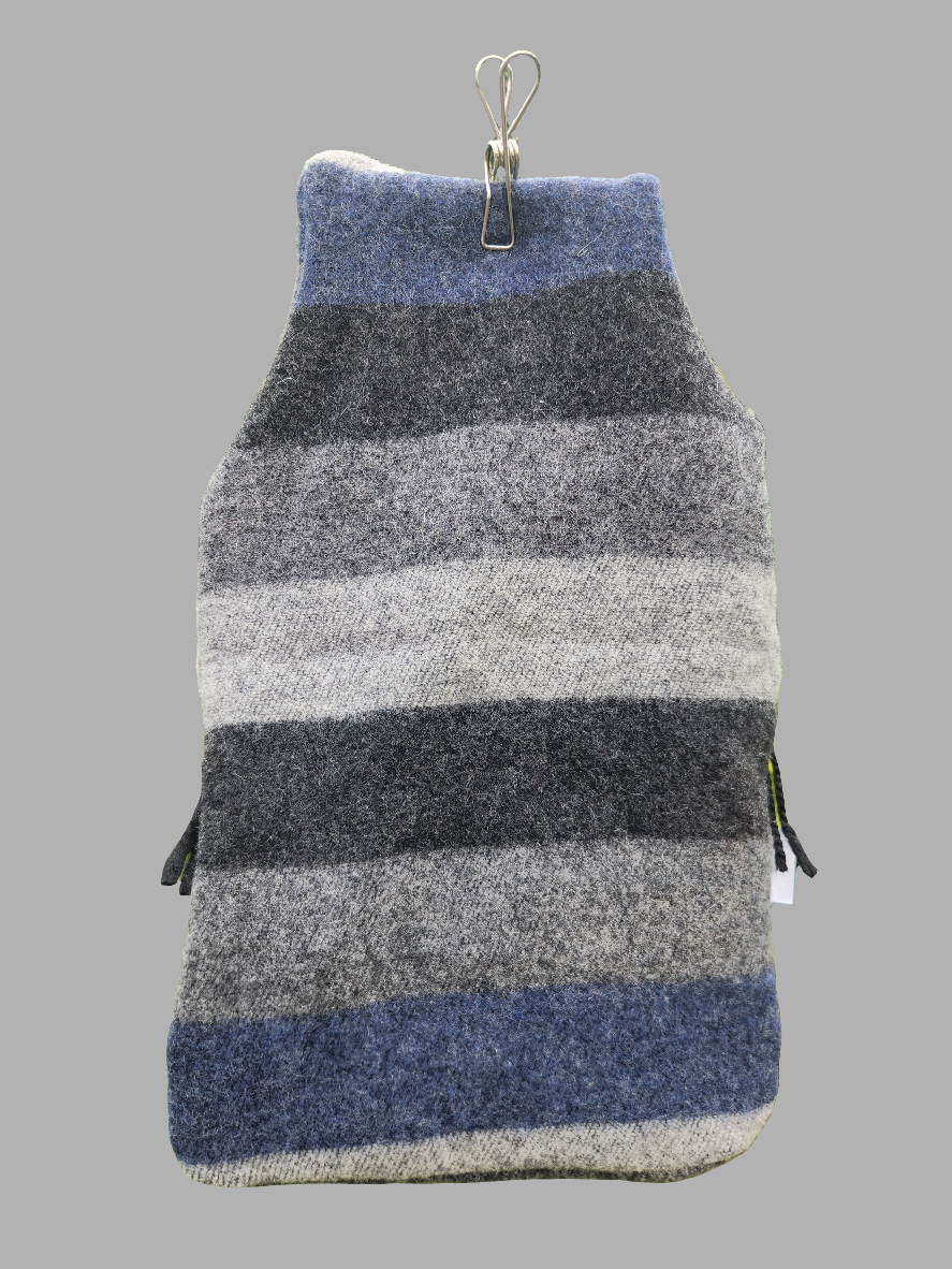Upcycled woollen hot water bottle cover. Blue,grey