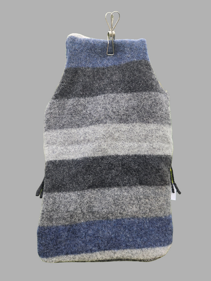 Upcycled woollen hot water bottle cover. Blue,grey