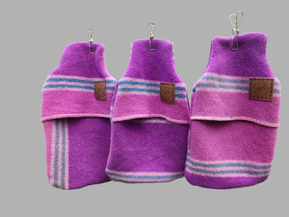 Upcycled woollen hot water bottle cover. Pink/purple/blue