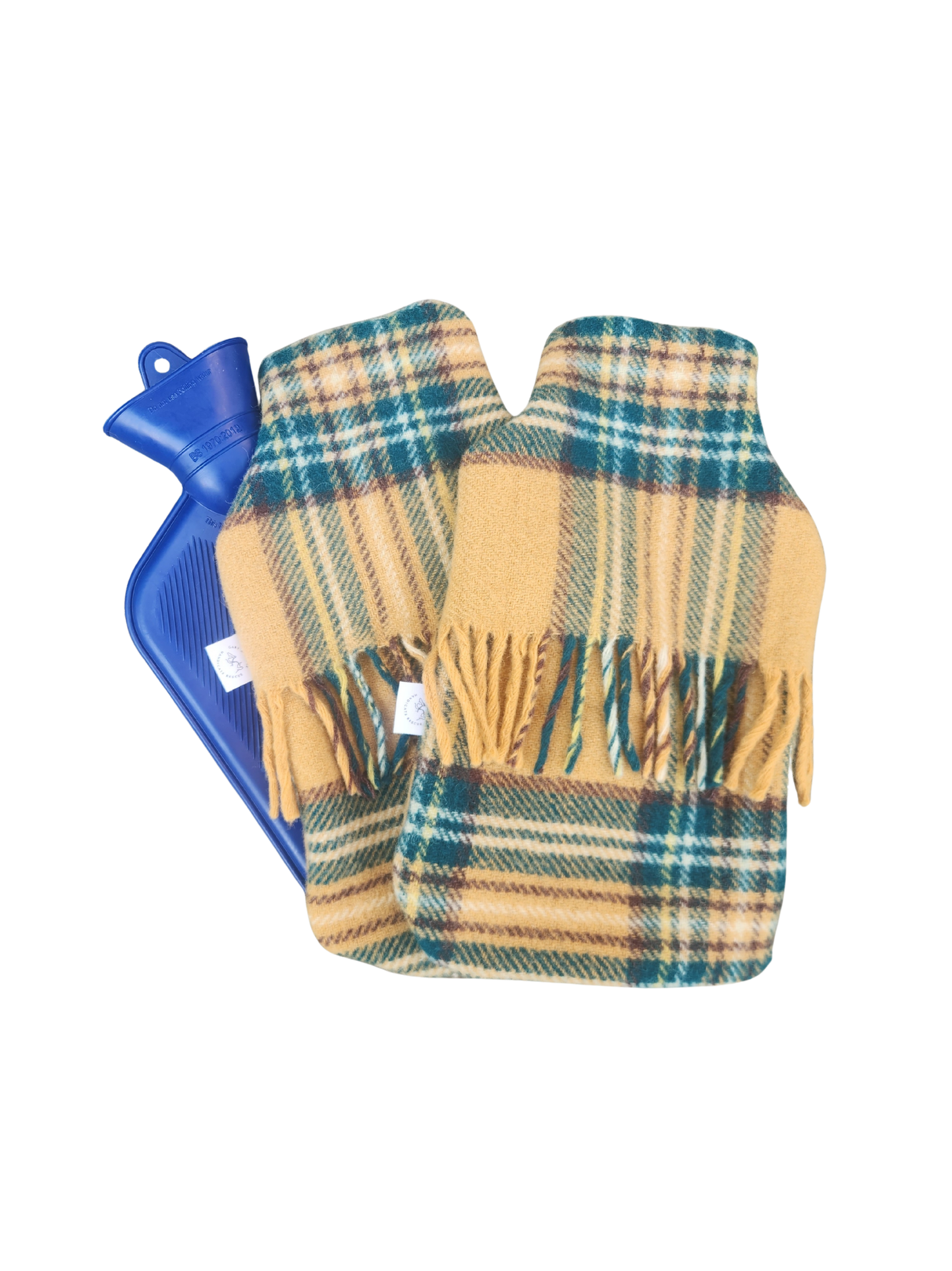 Upcycled woollen hot water bottle cover. Mustard/green/brown tartan