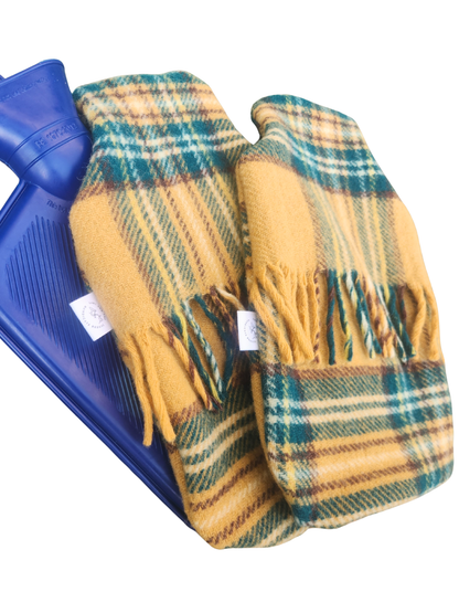 Upcycled woollen hot water bottle cover. Mustard/green/brown tartan