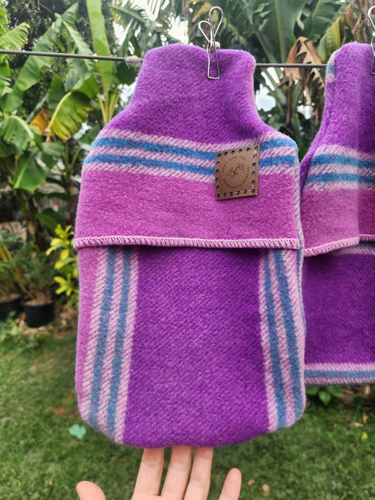 Upcycled woollen hot water bottle cover. Pink/purple/blue