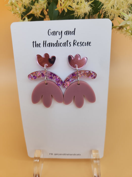 Pink mirror and glitter flower stud top dangle earrings